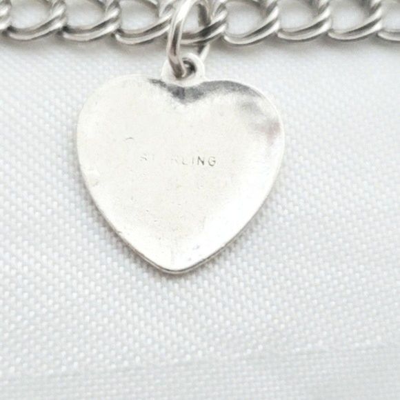 Double Link Charm Bracelet Heart Charms 925 Sterling Silver 7" - Picture 7 of 13